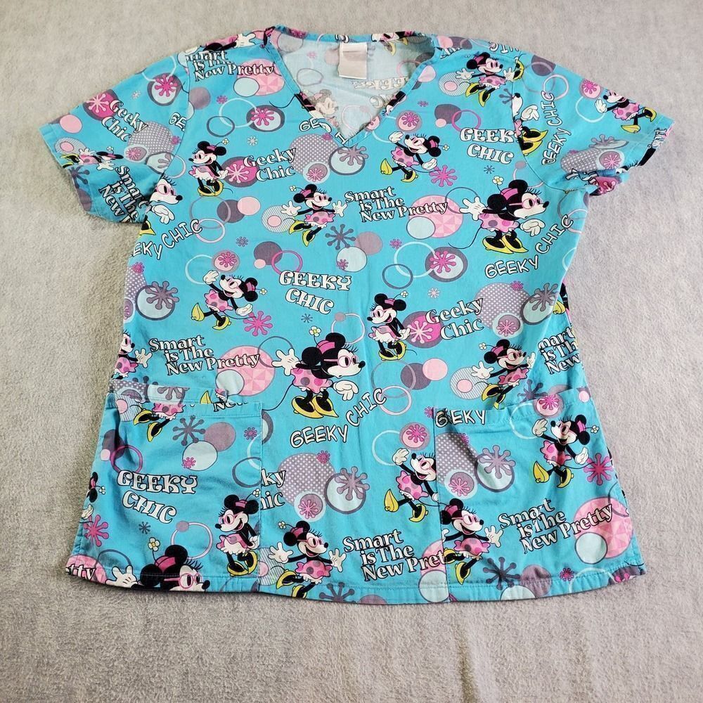Disney Minnie Mouse Blue Pink Graphic Medical Scrub Top